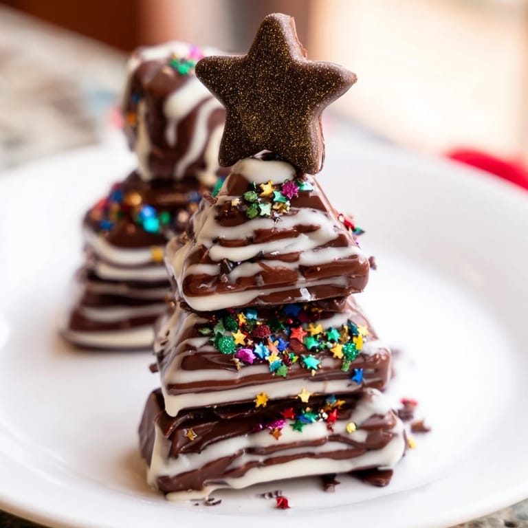 Melted chocolate drizzled over festive Chocolate Kinder Christmas Trees, topped with star candies.