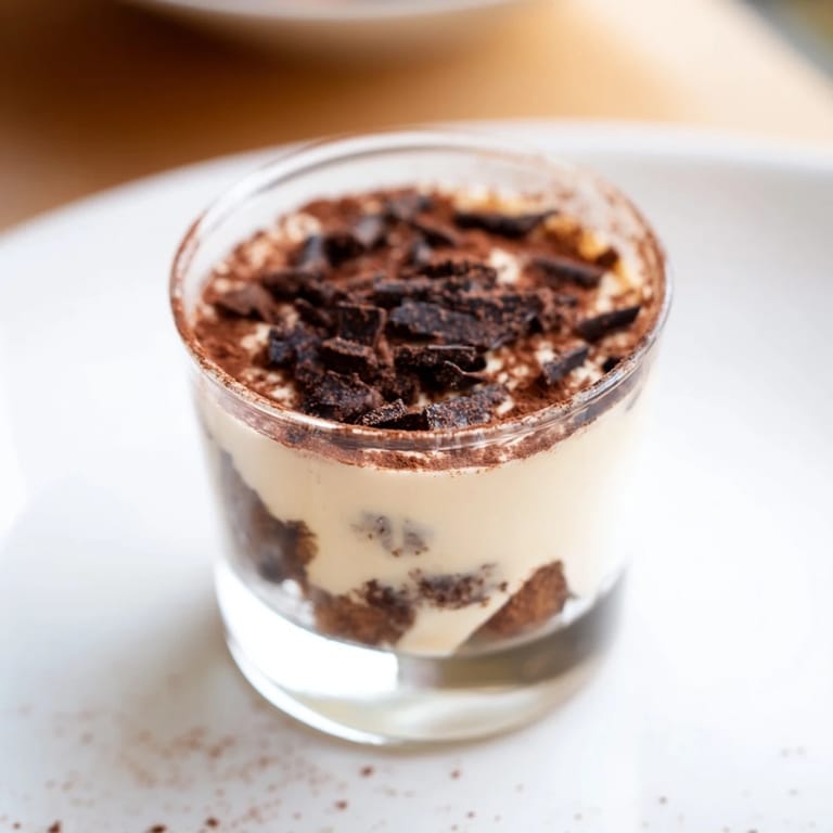 Elegant deconstructed Tiramisu Shots: Layers of creamy mascarpone and espresso-soaked biscuits, perfect dessert treats.