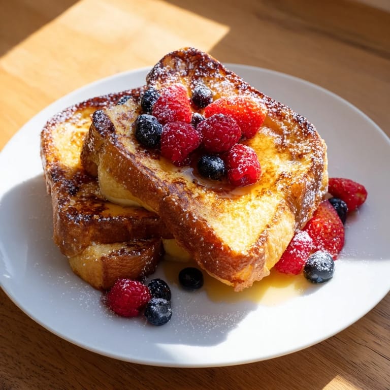 A delicious stack of creamy Ice Cream French Toast served with fresh fruit and ready to eat.
