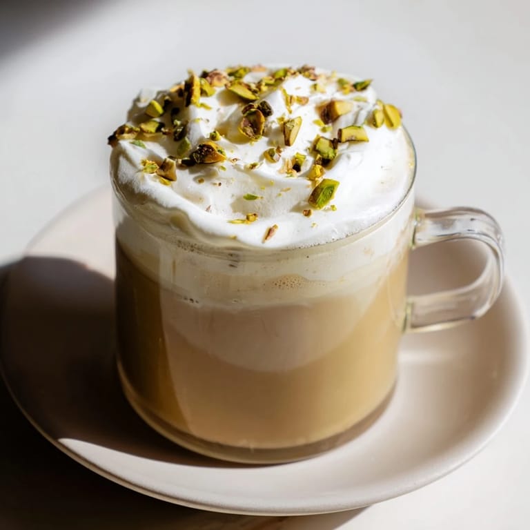 A close-up shot of a creamy, inviting pistachio latte, garnished with chopped pistachios.