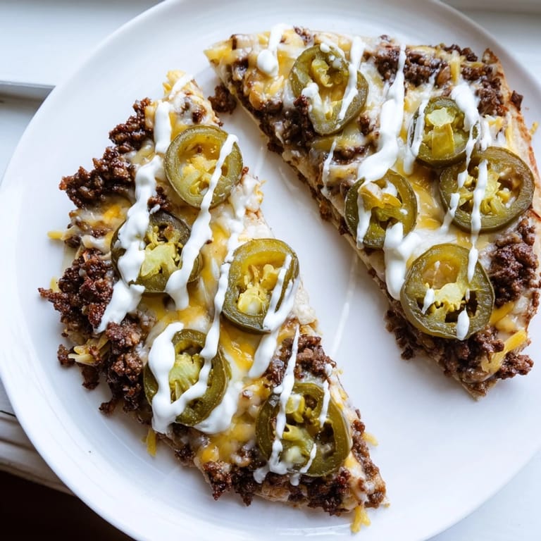 Golden brown crust and delicious ground beef taco pizza, perfect for a family dinner tonight.
