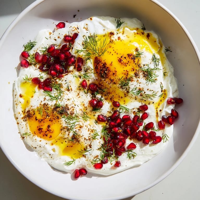 A close-up of steaming Çılbır showcasing perfectly poached eggs nestled over garlic yogurt.