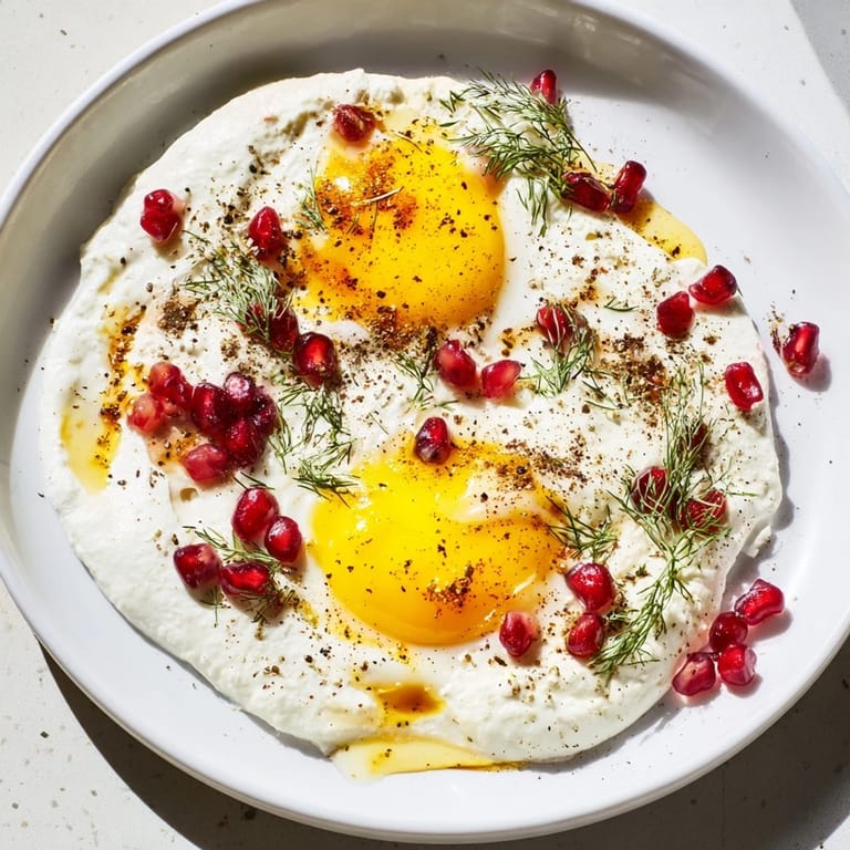 Turkish Çılbır: The creamy yogurt base is topped with sumac butter, herbs, and juicy pomegranate, ready to eat.