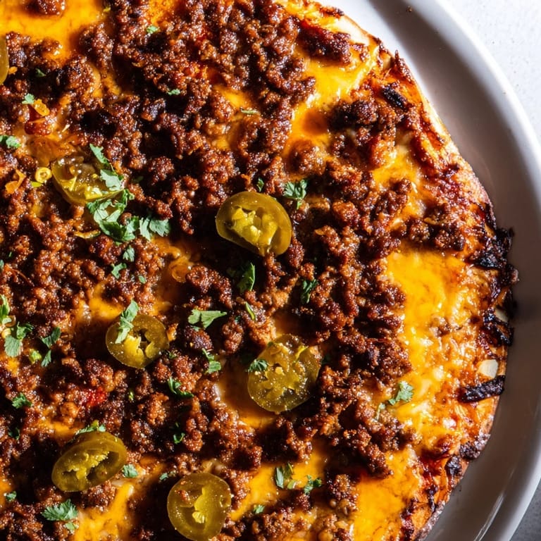 A close-up shot of a homemade Spicy Ground Beef Pizza Base, showcasing savory ground beef toppings.