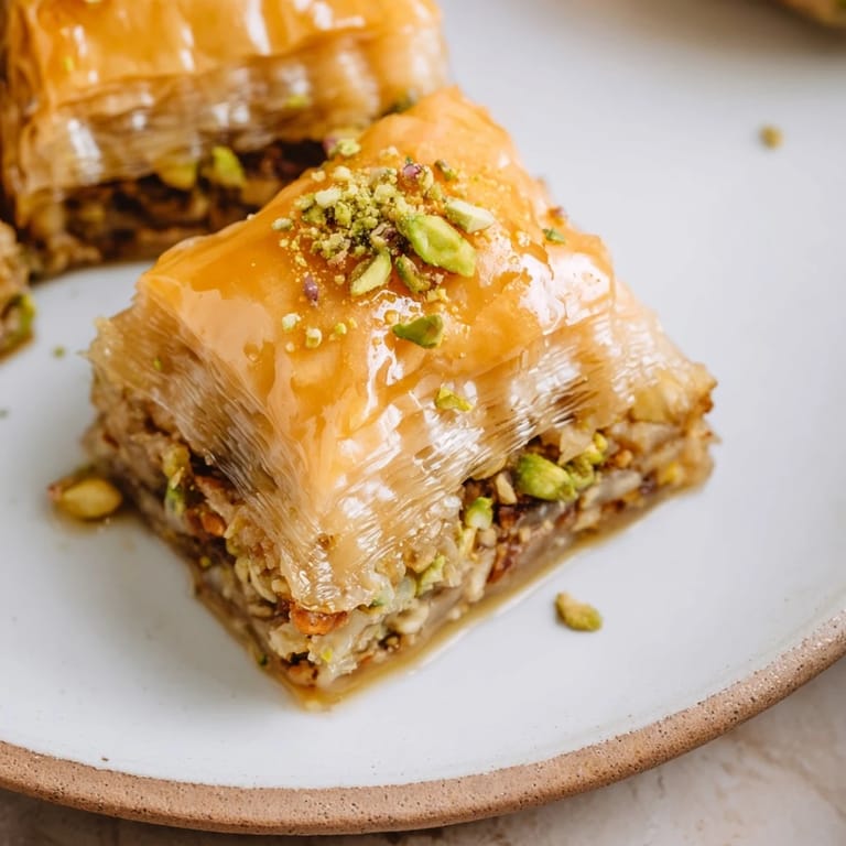 Crisp and nutty Turkish baklava, with diamond cuts ready to be served and enjoyed at a dessert table.
