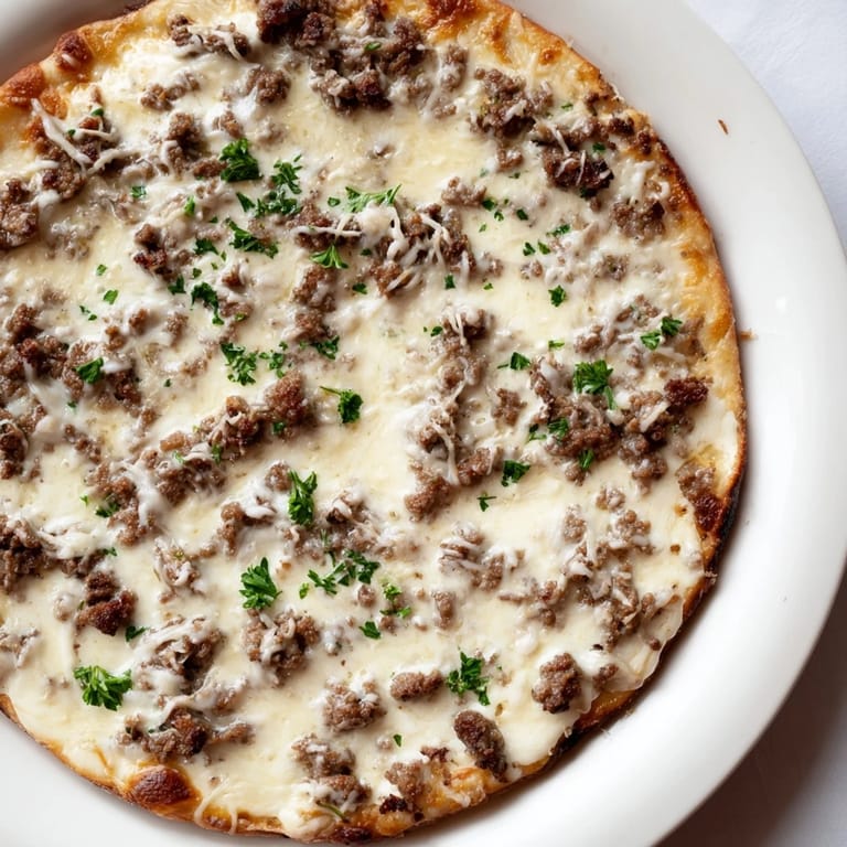 Savor the aroma of this Ground Beef Alfredo Pizza, showcasing melted cheese and savory toppings.