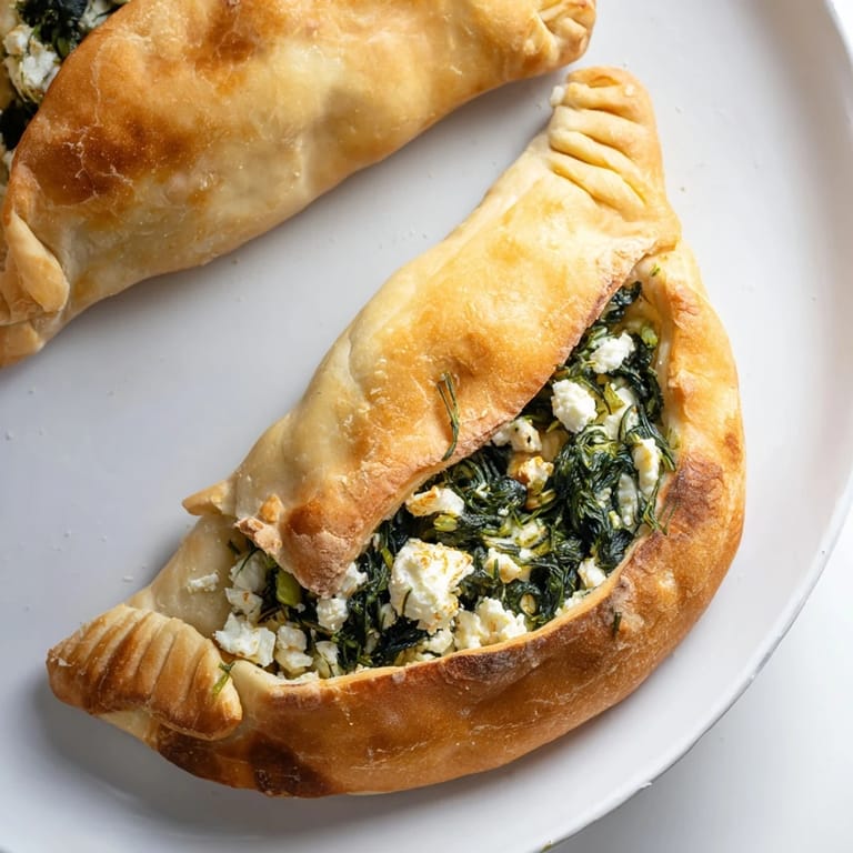 A close-up shot of hot, flaky Turkish Spinach & Feta Flatbread, ready to be enjoyed with a fresh salad.