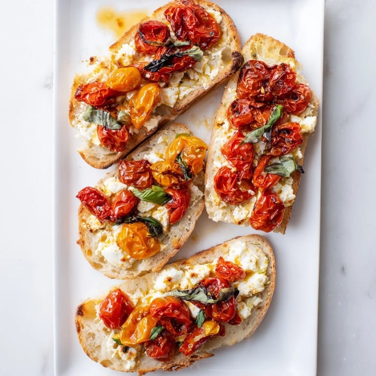 Warm baked feta toast with sweet roasted cherry tomatoes and basil, perfect for a quick vegetarian snack or light meal.
