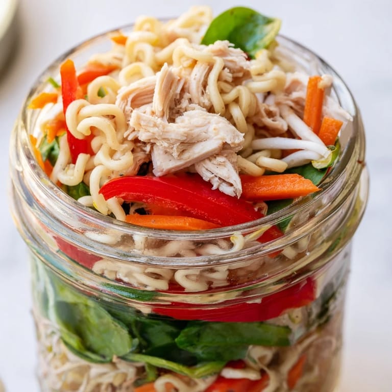 Bright mason jar meal prep with noodles, tofu, and bell peppers in a savory sauce beside lime wedges.