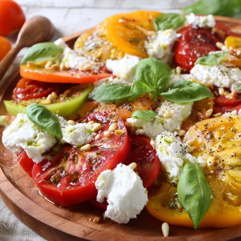 Colorful heirloom tomatoes and soft burrata cheese garnished with fresh basil, ideal for a summer appetizer or side dish.