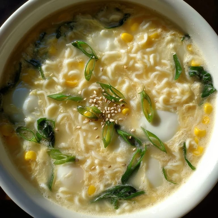 Up close on the silky egg ribbons and savory noodles in this Elevated Ramen Egg Drop Soup, ready to be served.
