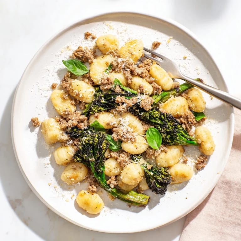 An oven-roasted Sheet Pan Gnocchi Bake with golden gnocchi, crumbled sausage, and bright broccolini, ready to serve.