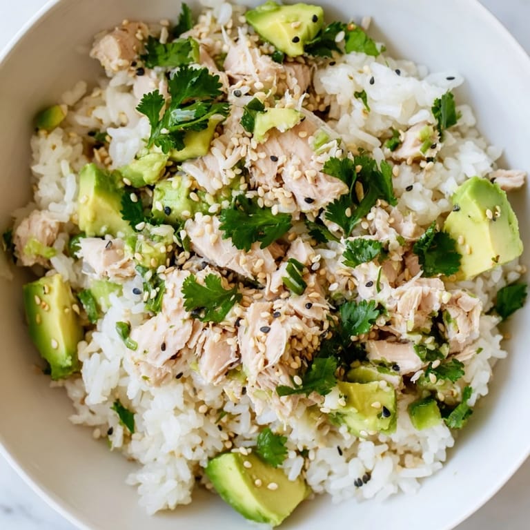 Forkful of Tuna Avocado Rice Bowl with toasted sesame seeds and fresh cilantro, served in a white ceramic bowl.