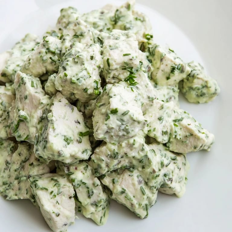 Serving suggestion for Green Goddess Chicken Salad: a generous bowl of mixed greens topped with marinated chicken and a drizzle of herby yogurt dressing.