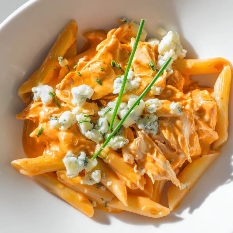 Sizzling skillet of Buffalo Chicken Pasta with penne, melted mozzarella, and a drizzle of hot sauce, ready to serve for dinner.