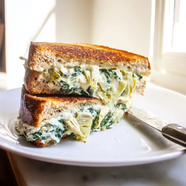 Close-up of a crispy spinach artichoke grilled cheese, revealing a rich filling of chopped spinach and artichoke hearts inside.