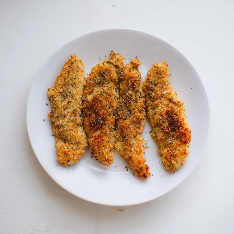 Juicy chicken tenders are coated in herbed panko breadcrumbs, baked to perfection in this close-up of Crispy Panko Chicken Strips.