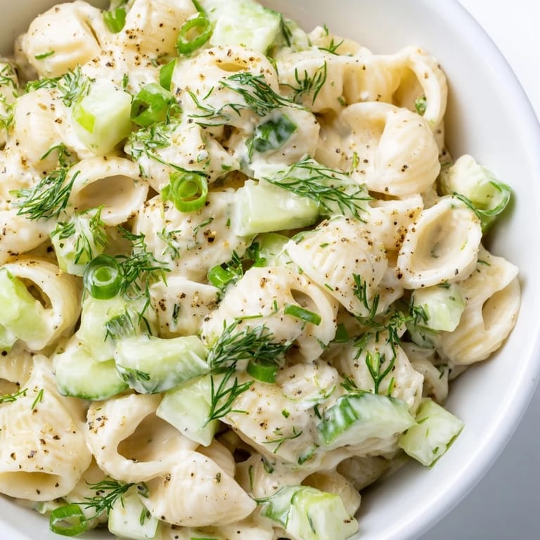 A refreshing bowl of Cucumber Crunch Pasta Salad, perfect for summer picnics, with bright green cucumbers and a sprinkle of everything bagel seasoning.  