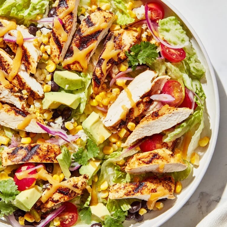 A close-up view of honey lime chicken taco salad shows shredded cheese and fresh cilantro tossed with colorful vegetables.