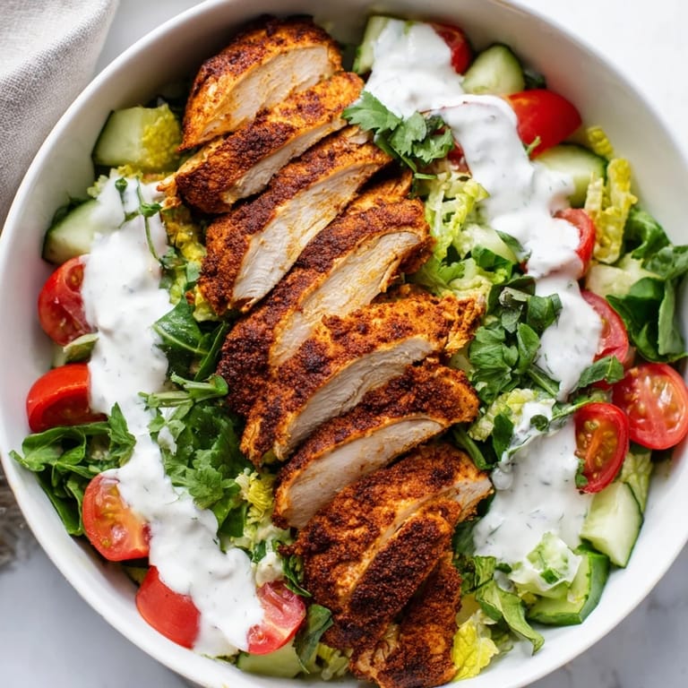Juicy, Middle Eastern-inspired chicken shawarma is sliced and layered over fresh vegetables, finished with a creamy garlic sauce drizzle in this healthy salad bowl.