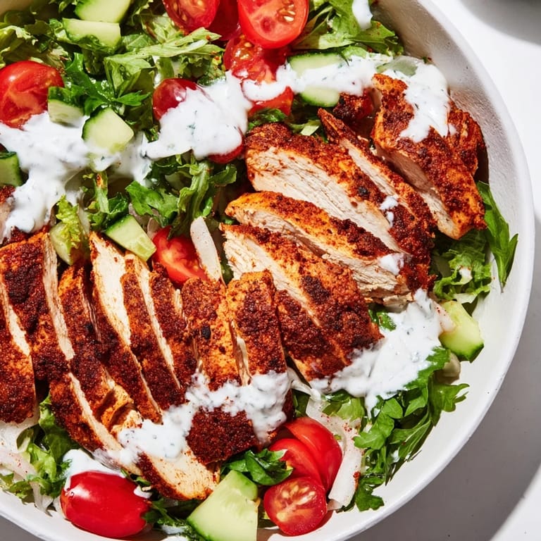 A colorful bowl of tender shawarma chicken, crisp lettuce, cucumbers, tomatoes, and onions, topped with tangy yogurt garlic sauce—perfect for a quick gluten-free lunch.
