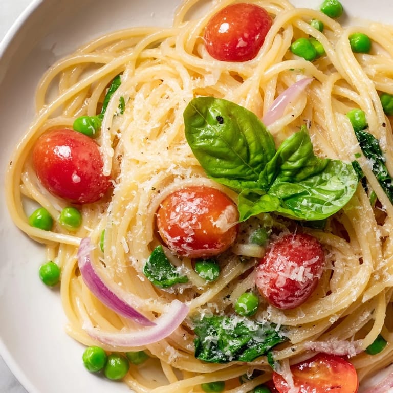 A one-pot meal of Spring Veggie One-Pot Spaghetti, steam rising, with lemon zest, red onion, and garlic, served in a white bowl.  