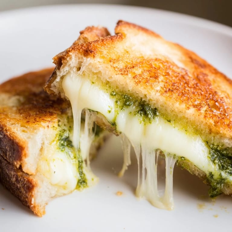 Served alongside a steaming bowl of tomato soup, this sourdough pesto grilled cheese is the ultimate comfort food.