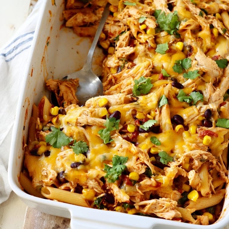 Fork-tender pasta, shredded chicken, black beans, and corn meld in a creamy salsa sauce for a perfect weeknight dinner.
