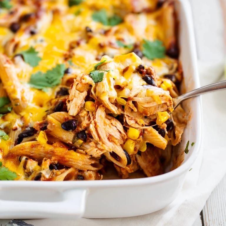 After baking, this Tex-Mex casserole is garnished with fresh cilantro and a lime wedge on a rustic wooden table.