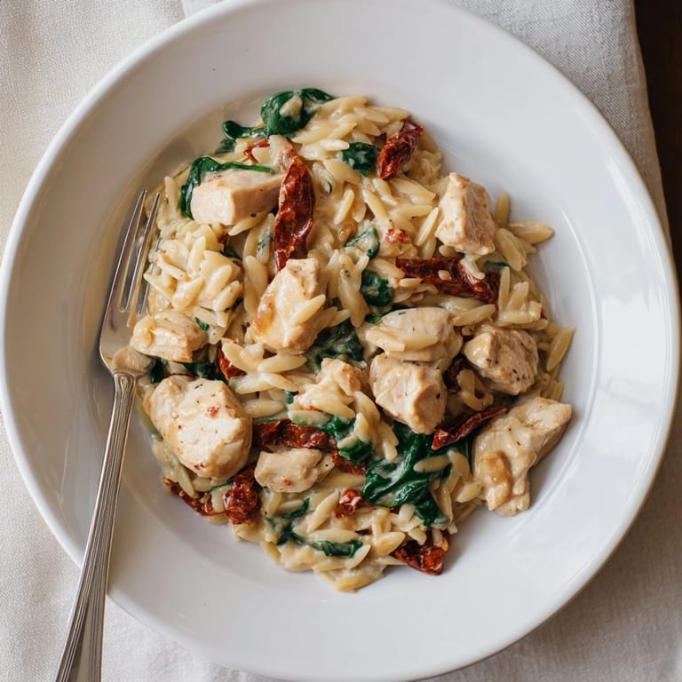 Tuscan Chicken Orzo in a rustic skillet, featuring tender chicken pieces and vibrant sun-dried tomatoes over pasta.