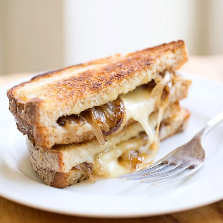 This vegetarian Caramelized Onion & Gruyère Grilled Cheese is served with a side of fresh greens, highlighting a gourmet French-inspired meal.