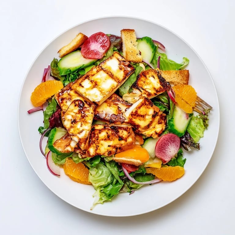 Juicy blood oranges and pan-seared halloumi top a colorful fattoush salad garnished with radishes and red onion.