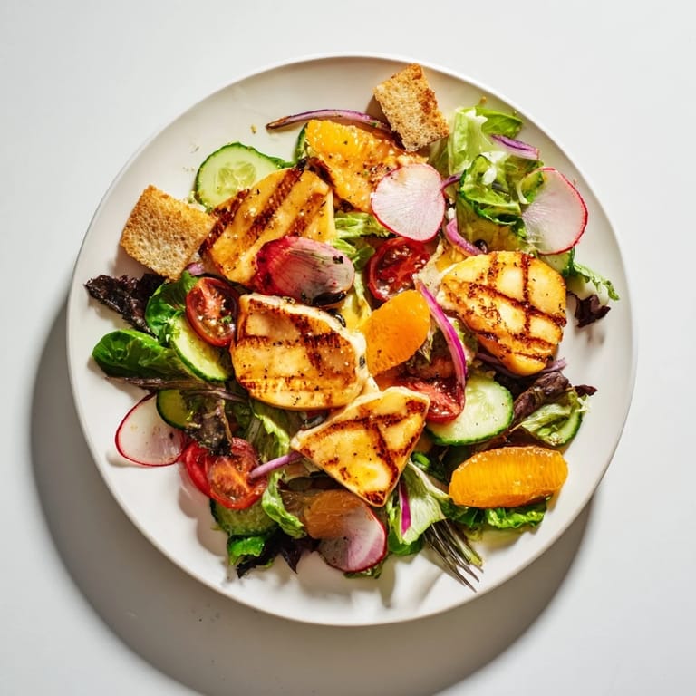 Vibrant Levantine-inspired Halloumi Blood Orange Fattoush salad with fresh mint, parsley, and zesty sumac vinaigrette. 