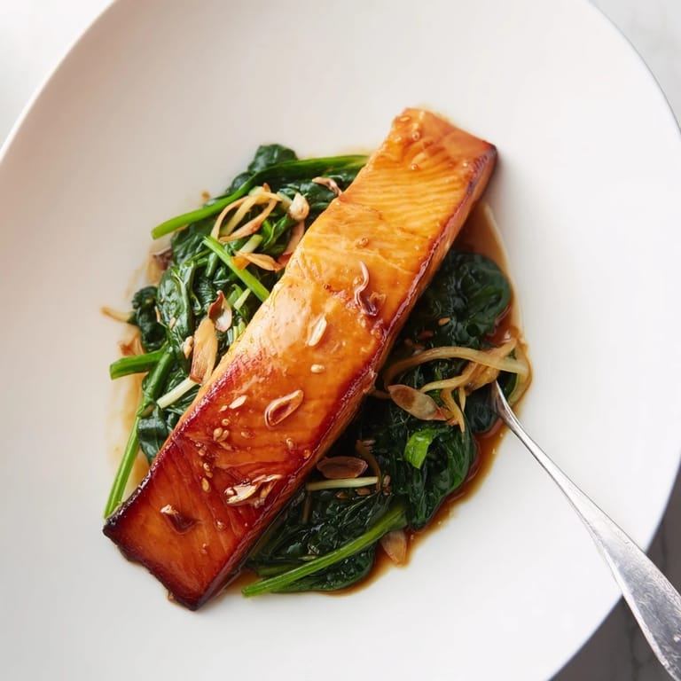 Family-style Miso Salmon on Sautéed Spinach plated with lemon wedges and sesame seeds, ready for a nutritious pescatarian weeknight dinner.