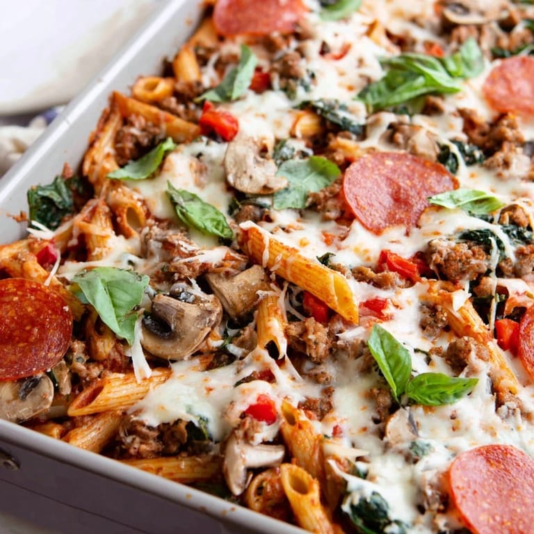 The High Protein Italian Beef and Pasta Bake showcases al dente whole wheat pasta, lean ground beef, and vegetables in a rich, pizza-inspired tomato sauce.