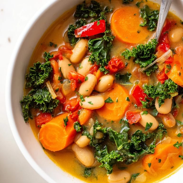 In a rustic pot, the Mediterranean White Bean Stew simmers with tender carrots, kale, and vibrant red bell peppers.