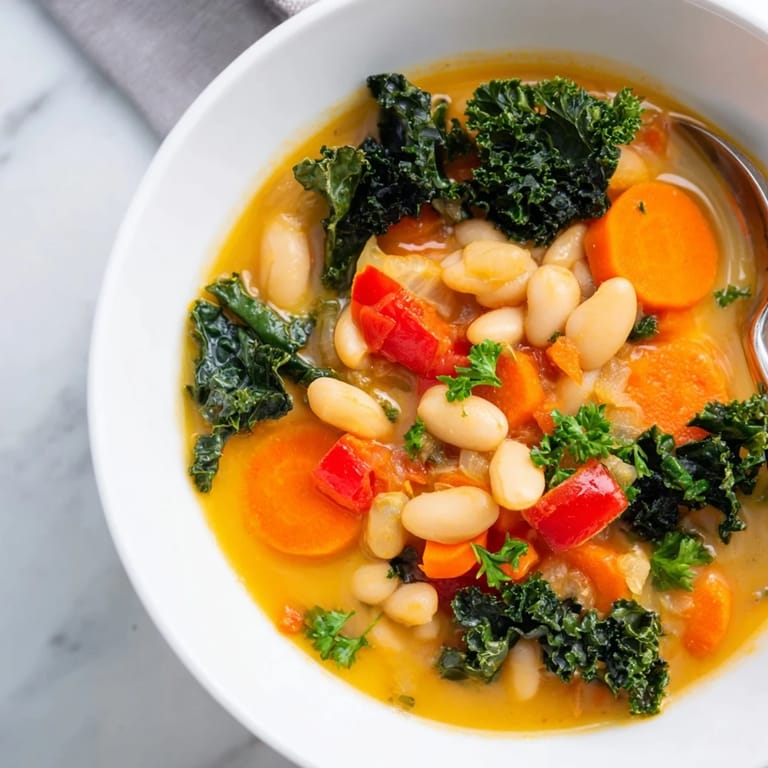 Close-up of a spoon lifting rich Mediterranean White Bean Stew, showcasing the hearty beans and vegetables in olive oil broth.