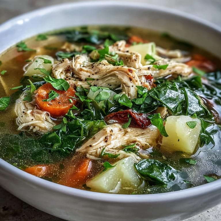 Steaming bowl of collard greens and chicken soup, showcasing a vibrant mix of vegetables.