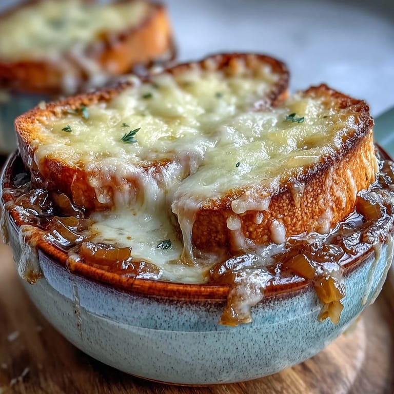 Caramelized onion soup served in a rustic French onion soup bowl with crusty bread and thyme garnish.