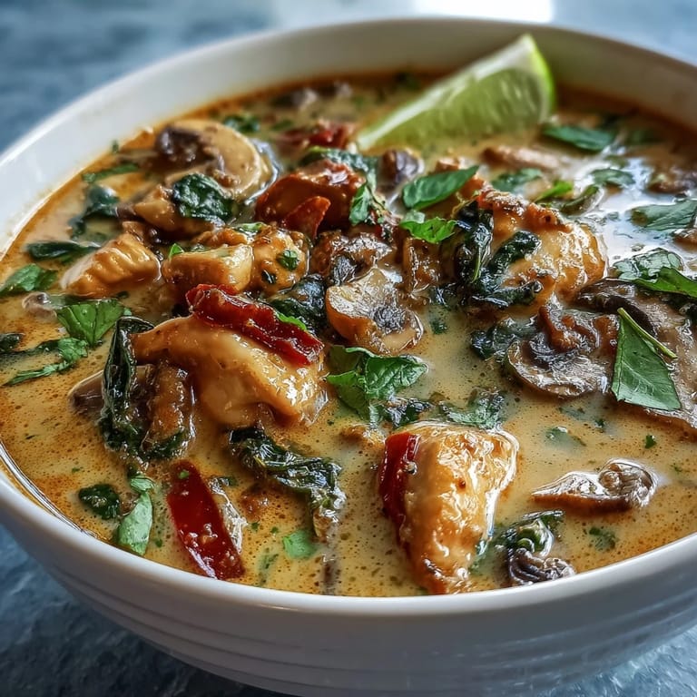 Creamy Thai Chicken Coconut Curry Soup with vibrant red bell peppers and snow peas served hot in a rustic bowl.