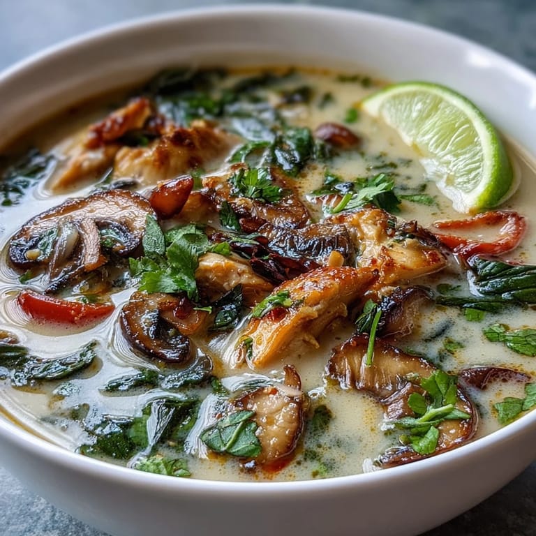 Close-up of Thai Chicken Coconut Curry Soup showing tender chicken pieces, shiitake mushrooms, and a rich coconut broth.