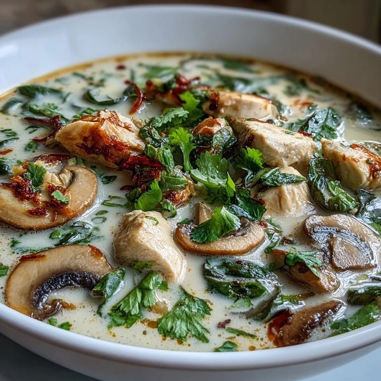 Serving Authentic Tom Kha Gai with lime wedges over fluffy jasmine rice.