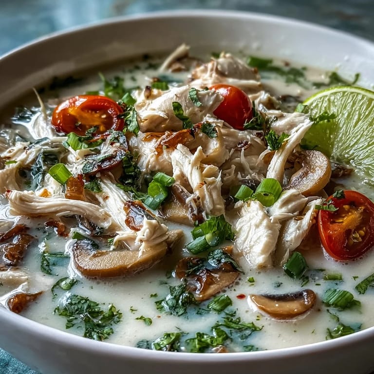 Spoon lifting fragrant Best Ever Tom Kha Gai Soup from a bowl with lime wedges and cilantro garnish.