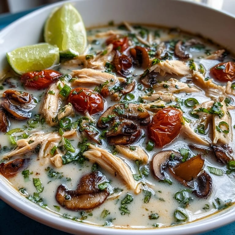 Overhead view of Best Ever Tom Kha Gai Soup served with jasmine rice and sliced red chilies.