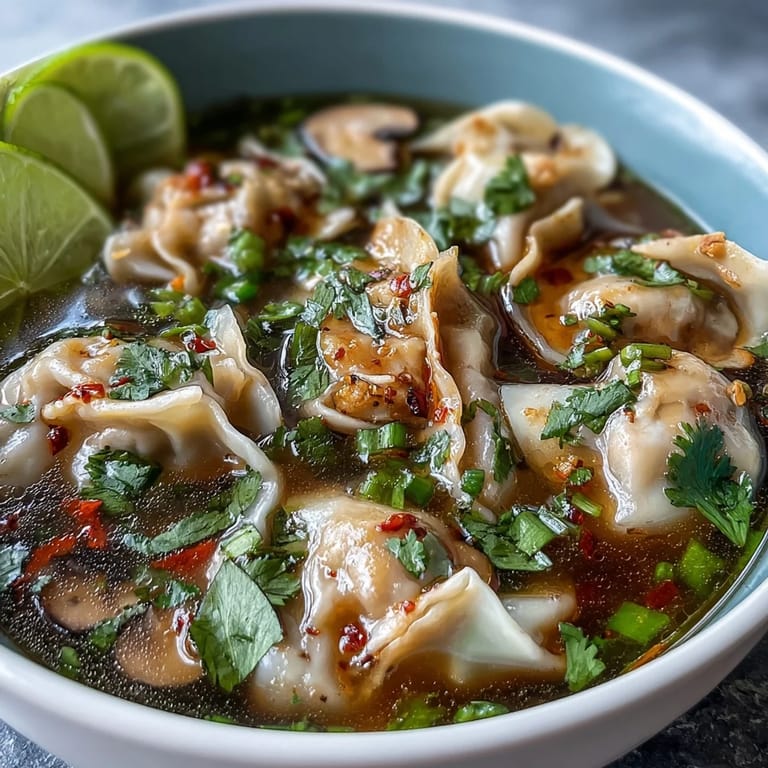 Serving suggestion for Tom Yum Wonton Soup with lime wedges, cilantro, and steamed jasmine rice on the side.