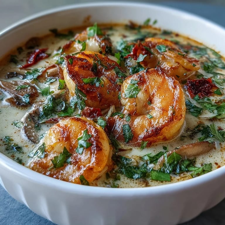 Thai Coconut Shrimp Soup served with jasmine rice, showing vibrant red curry color and fresh green onions on top.