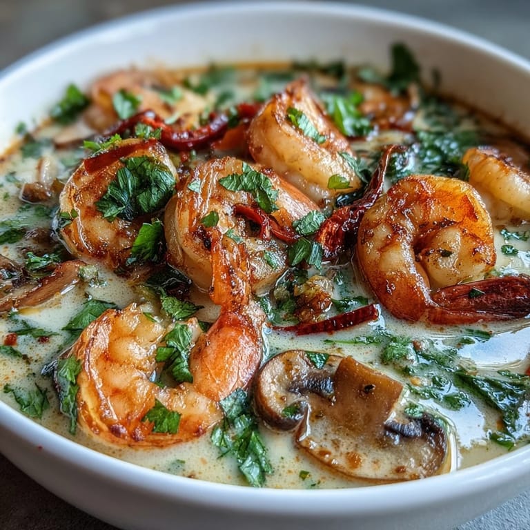 A ladle of Thai Coconut Shrimp Soup poured from a pot, revealing tender shrimp and mushrooms in creamy broth.