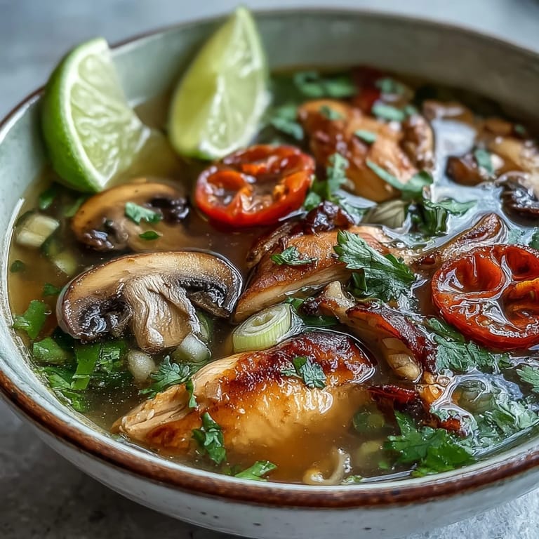 Tender chicken and sliced mushrooms in a spicy, aromatic Tom Yum Chicken broth.