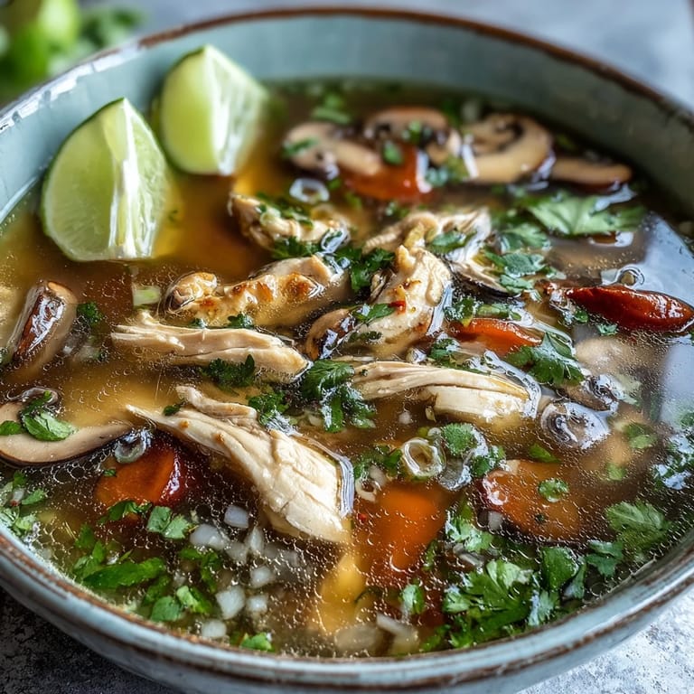 Hot Tom Yum Chicken soup served with cilantro and lime on a rustic table.