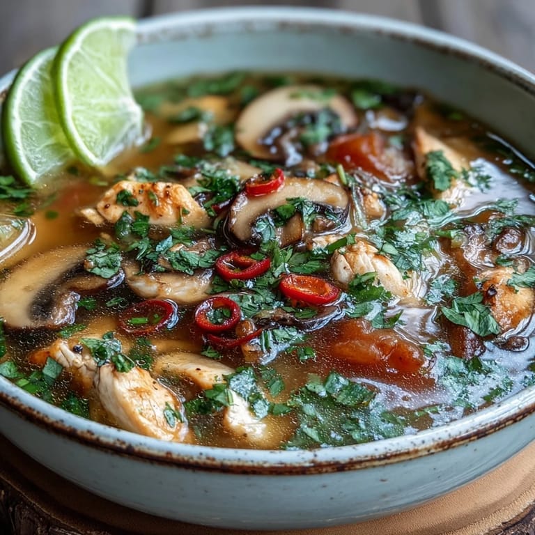Tom Yum Gai soup is served steaming hot with a side of lime wedges and fresh Thai chiles, perfect for a bold and zesty Thai dinner.